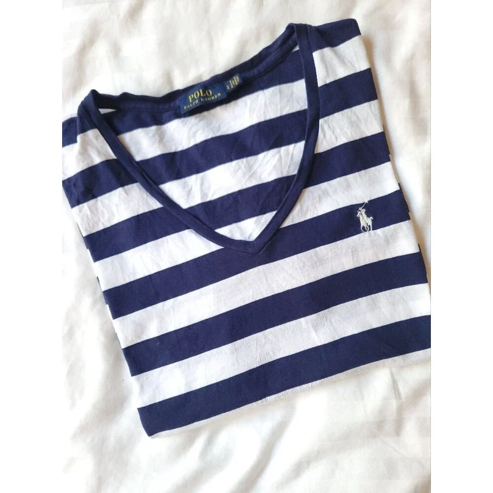 🍒Ralph Lauren🍒 Navy and White Striped V‑Neck Tee